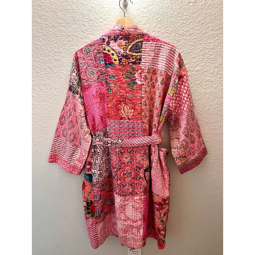 Pink 100% Cotton Kantha Quilted Robe Patchwork Kimono Boho Belted One Size - Picture 3 of 7